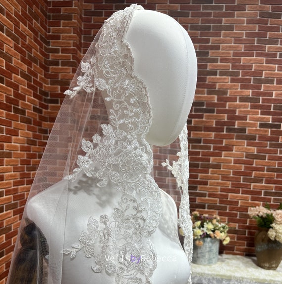 Corded Lace Cathedral Veil w/ Scalloped Edge Corded Lace Cathedral Veil with Scalloped Edge | David main image 3