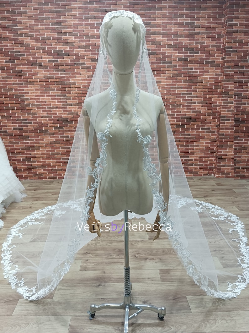 1 tier sparking sequin embroidery lace appliques catholic religious Spanish Mantilla bridal wedding veil S465 image 4