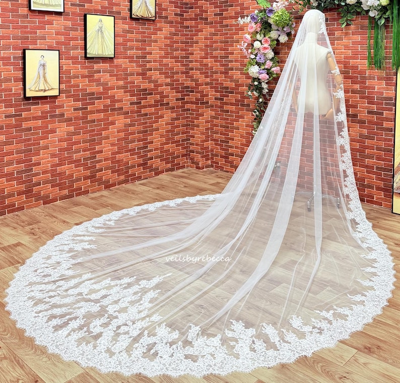 Wide Corded Alencon Lace Spanish Mantilla Wedding Veil, Floral Alencon lace trim with floral lace appliques scattered Mantilla veil V686F
