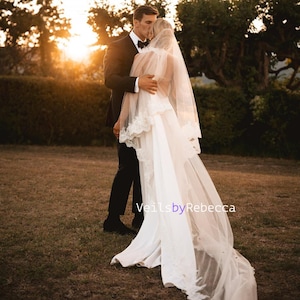 Off White/Ivory Floral Embroidery Lace Wedding Veil V657D - Royal/ Chapel Length, 2-Tier Blusher