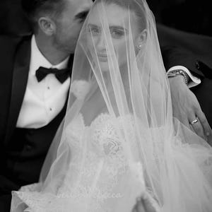 Two Tier Cathedral Wedding Veil with Blusher, Wide French Chantilly Lace Drop Veil – V612D image 6
