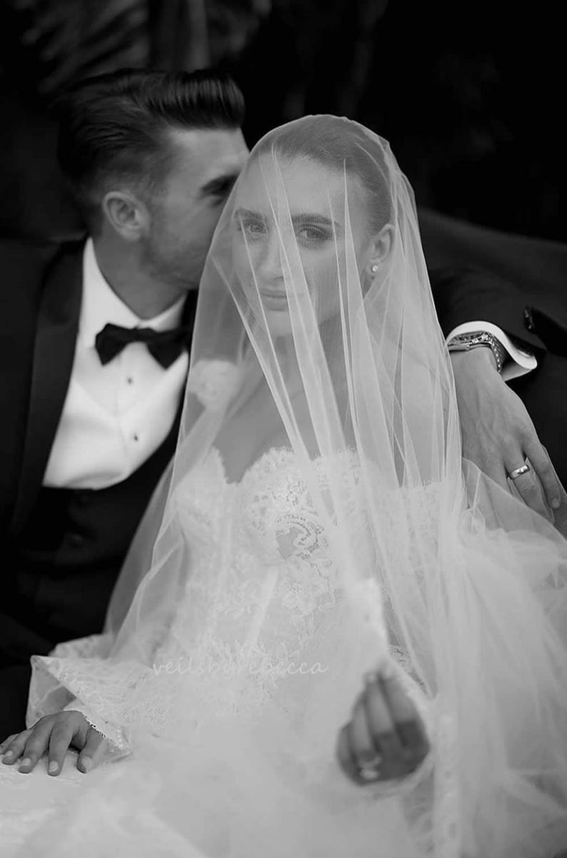 Two Tier Cathedral Wedding Veil with Blusher, Wide French Chantilly Lace Drop Veil – V612D image 6
