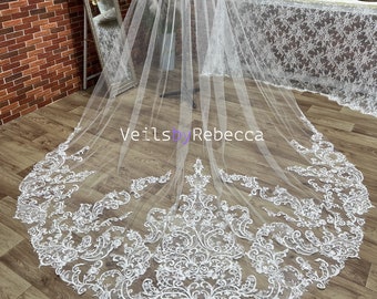 1 tier sequins embroidery lace cathedral wedding veil, ivory Royal lace wedding veil, sparking sequins vintage lace bridal veil R238