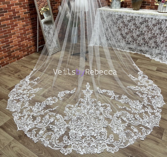 Beautiful Ivory Tulle Cathedral Wedding Veil With Sequin Lace Applique Edge Beautiful Ivory Tulle Cathedral Wedding Veil With Sequin Lace Applique Edge