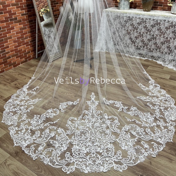 1 tier sequins embroidery lace cathedral wedding veil, ivory Royal lace wedding veil, sparking sequins vintage lace bridal veil R238