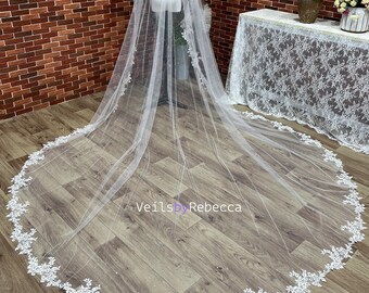 Sparkling Rhinestones Cathedral Wedding Veil V656LR: Floral Lace Mantilla