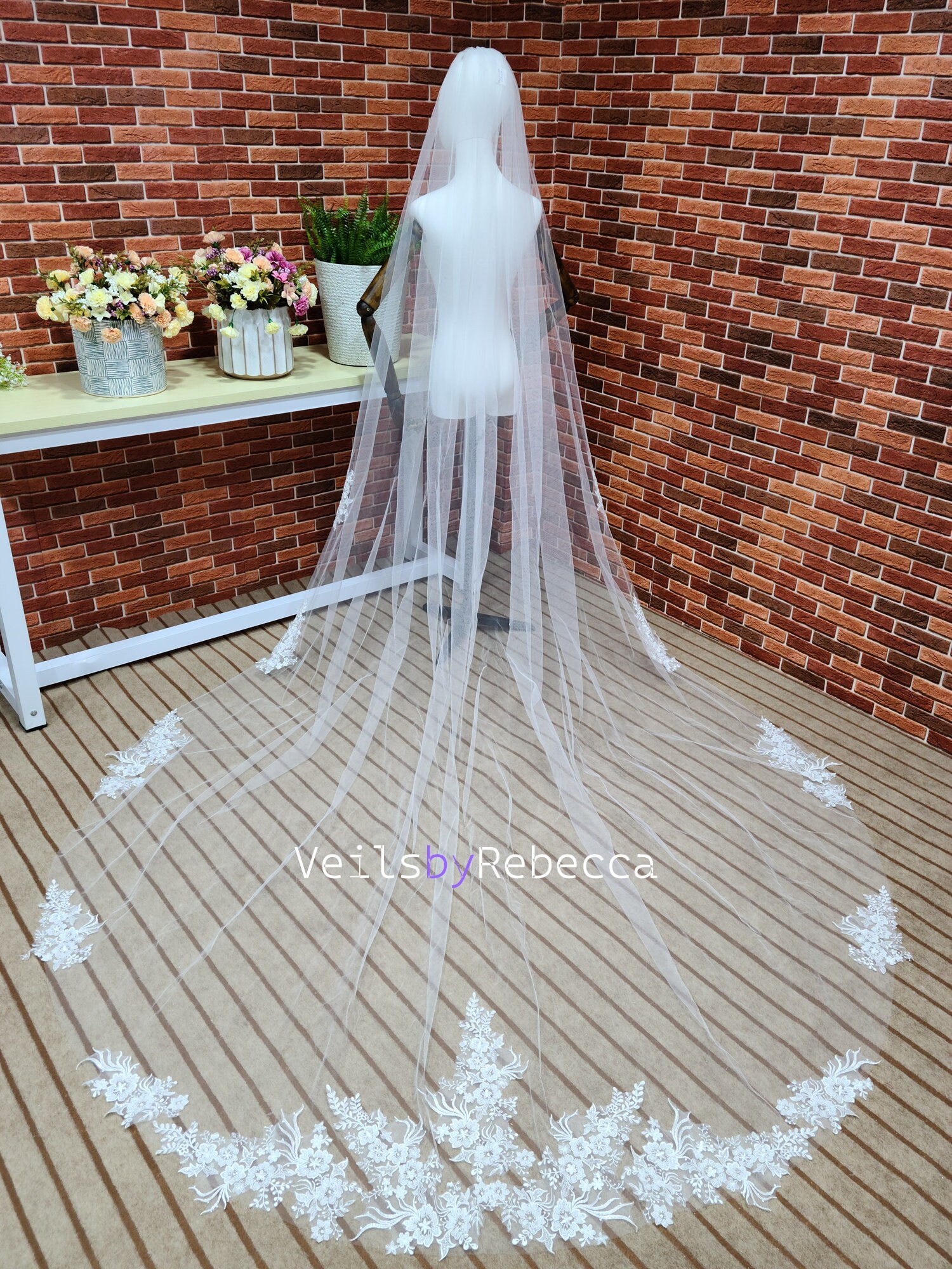 1 Tier Ivory Cathedral Wedding Veil V801: Sequins Floral 