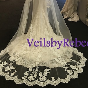 Dramatic lace cathedral veil-2 tier scattered lace bottom cathedral veil,cathedral lace veil W elbow blusher, drop chantilly lace veil V627