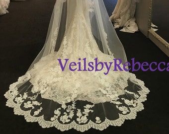 Dramatic lace cathedral veil-2 tier scattered lace bottom cathedral veil,cathedral lace veil W elbow blusher, drop chantilly lace veil V627