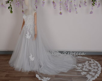1 tier soft tulle ivory sequin floral lace applique cathedral wedding veil R208