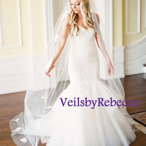 Romantic Scattered Lace Cathedral Veil, 1 tier cathedral scattered floral lace wedding veil, ivory lace cathedral veil,chapel lace veil V629