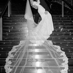 Two Tier Cathedral Wedding Veil with Blusher, Wide French Chantilly Lace Drop Veil – V612D image 7