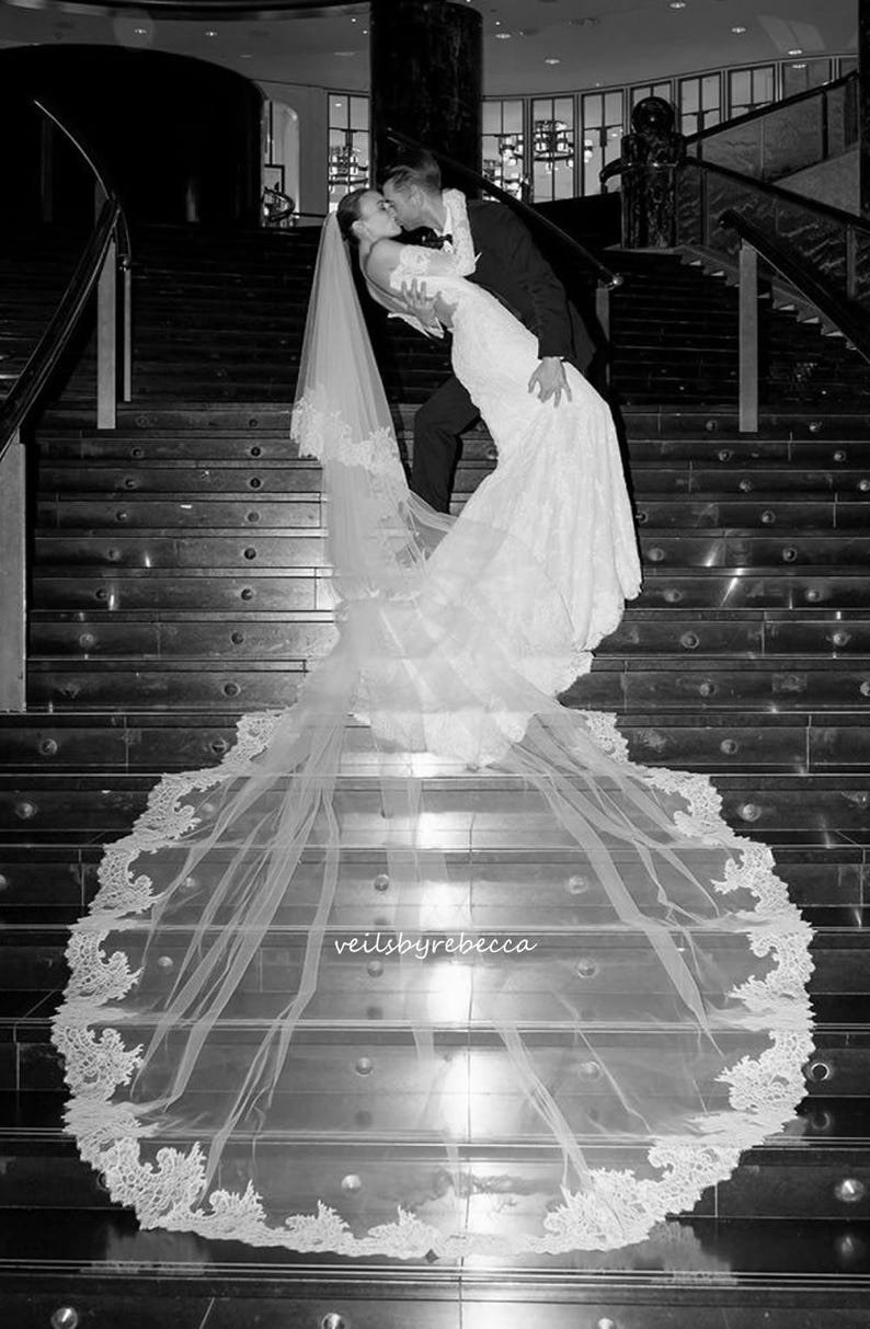 Two Tier Cathedral Wedding Veil with Blusher, Wide French Chantilly Lace Drop Veil – V612D image 7