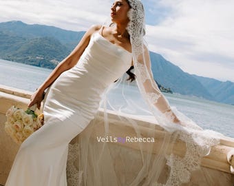 Chantilly Lace Cathedral Wedding Veil V683: Ivory Soft Tulle Mantilla