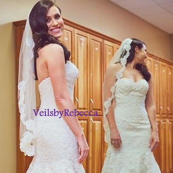 1 Tier Lace fingertip veil, Short fingertip lace wedding veil, lace veil fingertip-1 short French Alencon lace bridal veil V647