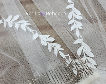 1 tier short fingertip leaf lace veil, simple leaves lace wedding veil in fingertip length, simple soft tulle leaves lace veil S477