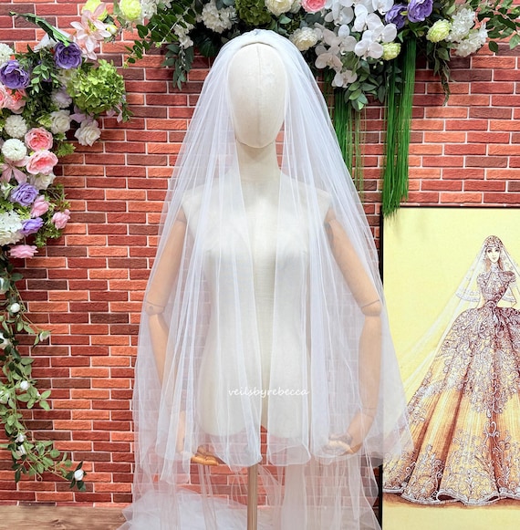 Soft Tulle Cathedral Wedding Veil V602A: 2 Tier Illusion Blusher