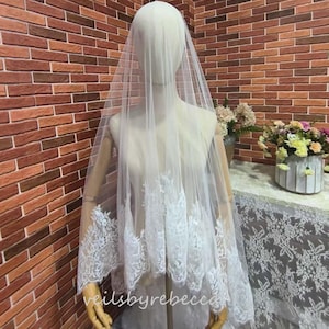 2 tiers wide delicate wide Chantilly lace drop wedding veil, 2 tier cathedral blusher lace veil, dramatic wide Chantilly lace veil V662D