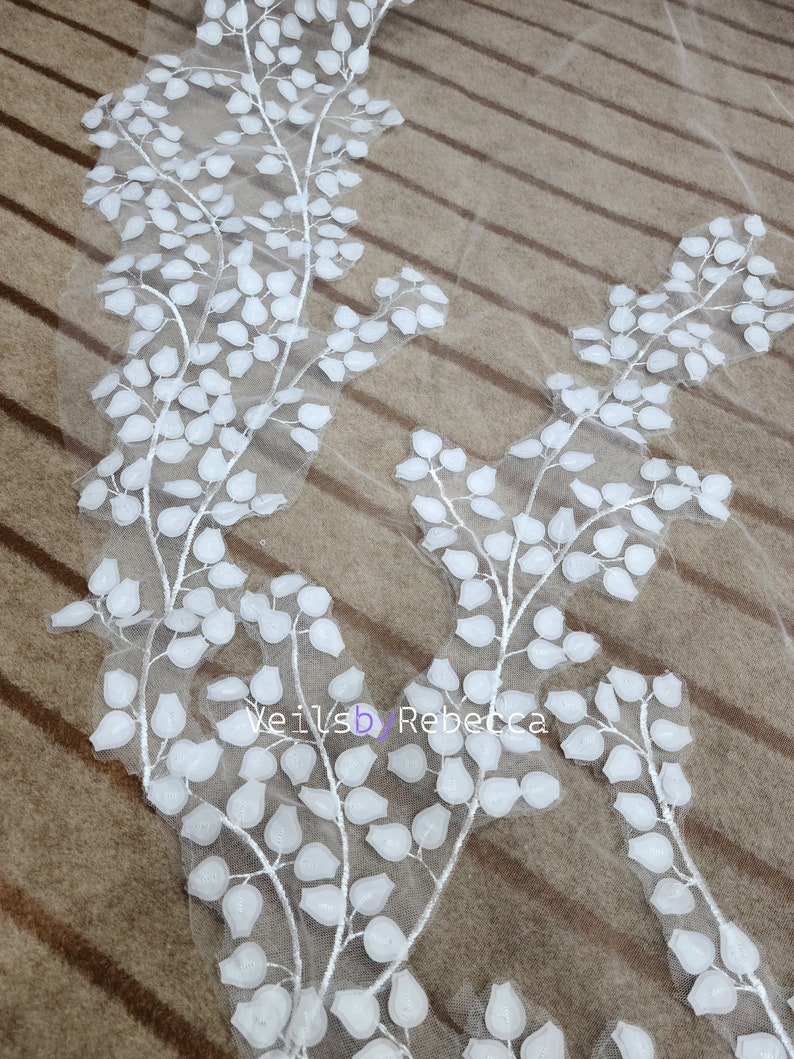 1 tier ivory soft tulle tree leaves lace bottom cathedral bridal wedding veil S464 image 5