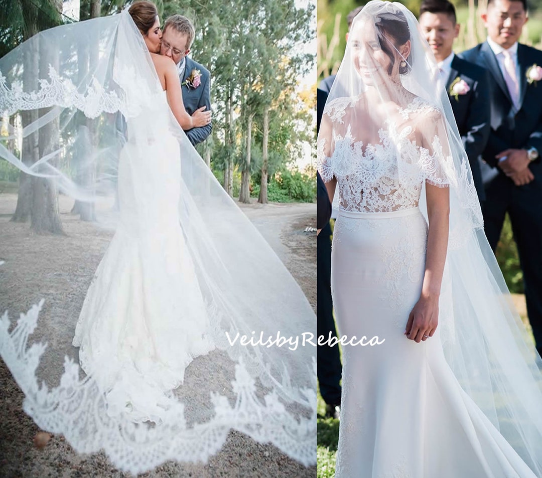【新品】2way scallop cool veil cut and sew 2 Tiers Chantilly Lace Chapel Wedding Veil With Blusher V660D