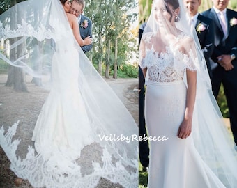 2 tiers chantilly lace chapel wedding veil with blusher, ivory drop lace veil chapel, soft tulle long chantilly lace veil V607