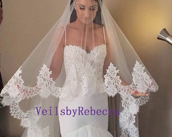Lace Cathedral Veil, cathedral lace veil, cathedral  blusher veil, cathedral drop wedding veil, Royal lace Veil, 2 tiers floating veil V611