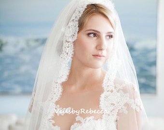 1 layer ivory Cathedral Wedding Veil V621L: Spanish Mantilla, Scalloped French Alencon Lace Trim