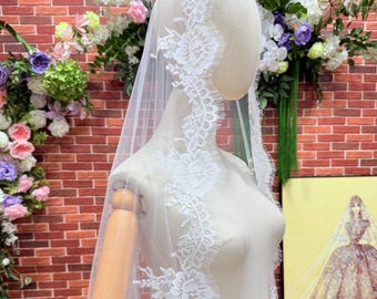 Chantilly Lace Mantilla Wedding Veil, Cathedral Length, Eyelash Lace Edge