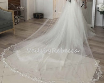 1 tier floral lace bottom cathedral veil ,embroidered lace cathedral veil,soft tulle floral lace cathedral wedding veil V903