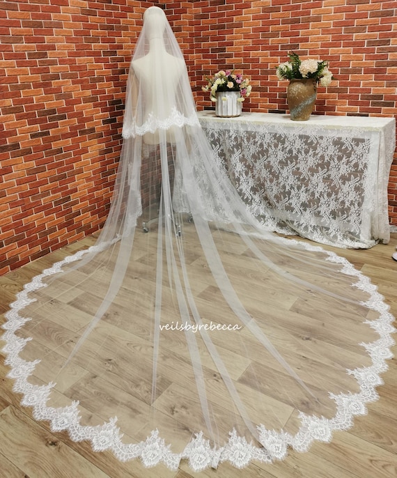 Cathedral Wedding Veil V681D: 2-tier Chantilly Lace Drop Veil With