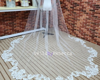 1 tier ivory soft tulle vintage lace bottom cathedral wedding veil S460