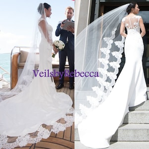 1 tier partial cathedral lace veil,lace cathedral veil, cathedral wedding veil,lace halfway cathedral wedding veil,Long Lace Veil V626