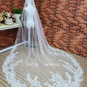 1 tier ivory soft tulle tree leaves lace bottom cathedral bridal wedding veil S464 image 4