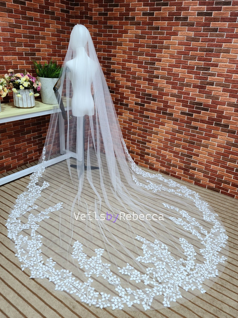 1 tier ivory soft tulle tree leaves lace bottom cathedral bridal wedding veil S464 image 4