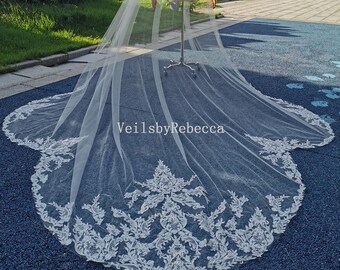 1 tier sequins embroidery lace appliques cathedral wedding veil R248, Royal lace wedding veil, 2023 new Royal/Cathedral wedding veil lace