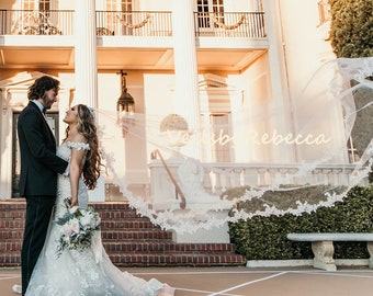 Cathedral Spanish Mantilla Wedding Veil V656L: Floral Lace Applique, Ivory See Through Soft Tulle