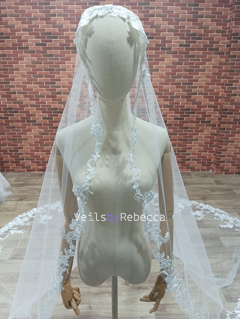 1 tier sparking sequin embroidery lace appliques catholic religious Spanish Mantilla bridal wedding veil S465 image 2