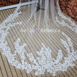 1 tier ivory soft tulle tree leaves lace bottom cathedral bridal wedding veil S464 image 1