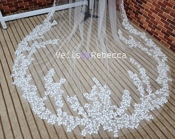 1 tier ivory soft tulle tree leaves lace bottom cathedral bridal wedding veil S464