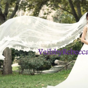 1 tier cathedral lace veil, ivory/white French Alencon lace cathedral veil, crystal beading cathedral lace veil, lace wedding veil V618
