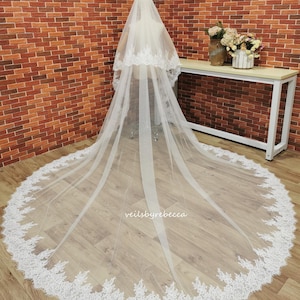 2 tiers wide Alencon lace drop floating wedding veil in cathedral length, 2 layers lace blusher bridal veil V686D