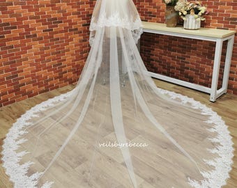 Alencon Lace Cathedral-bruidssluier met blush, wimperkant, 2 lagen