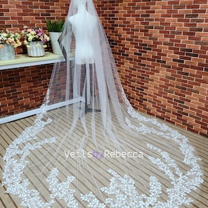 1 tier ivory soft tulle tree leaves lace bottom cathedral bridal wedding veil S464 image 2