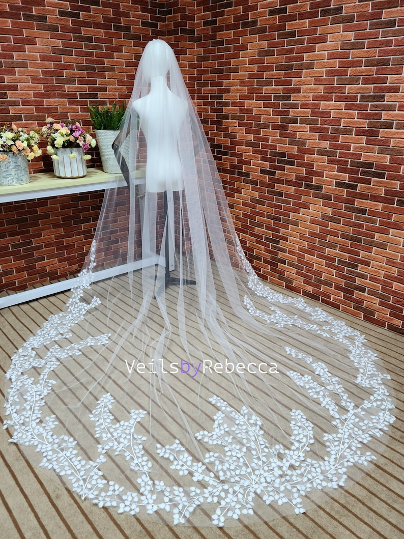 1 tier ivory soft tulle tree leaves lace bottom cathedral bridal wedding veil S464 image 2