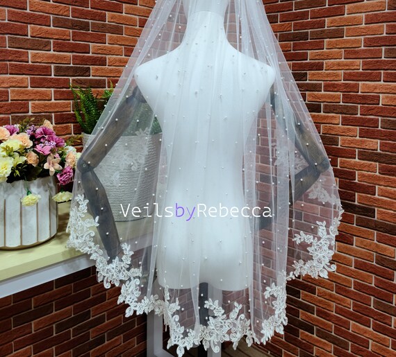Fingertip Length Bridal Veil with Pearls and Lace Ursumy Pearl Wedding Veils Flower Cathedral Bridal Veil 118  main image 2