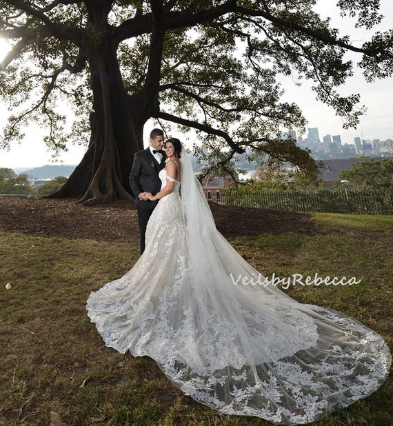 Janes Dress Studio 2 Layers Sequins Lace 3 Meters Cathedral Wedding Veils with Comb White Ivory Bridal Veil