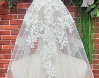 Ivory Cathedral Wedding Veil V668F: Spanish Corded Floral Lace Mantilla