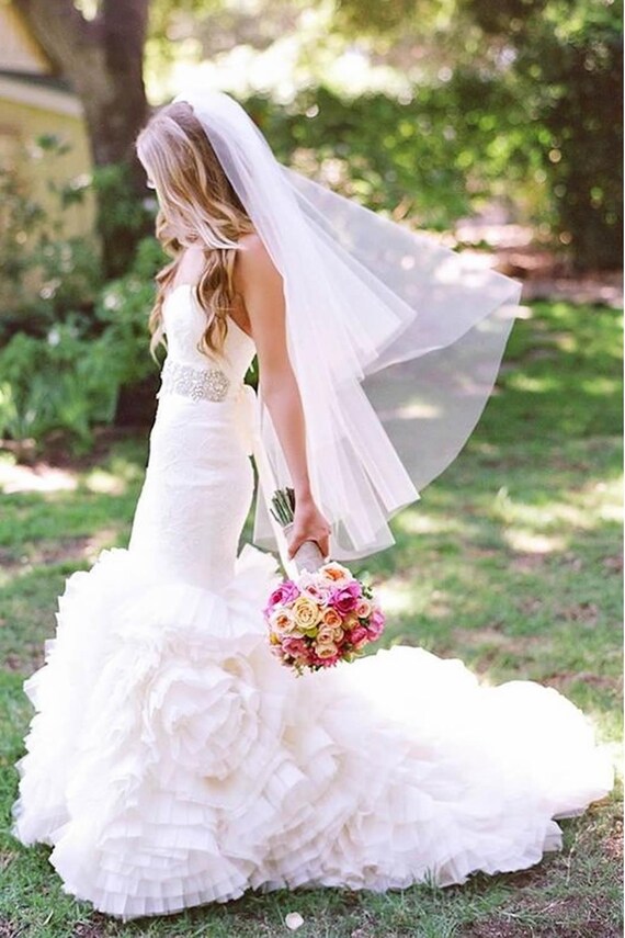 Designer Ivory Fingertip Wedding Veil with Blusher Wedding chapel veil with blusher and embellished - Dainty  main image 3