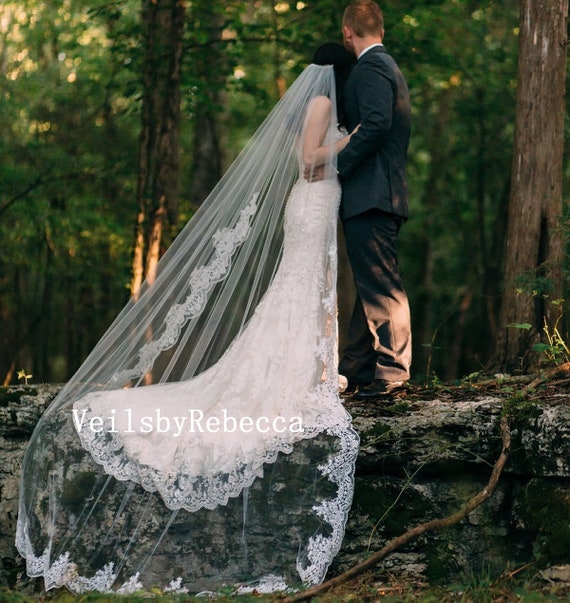 One Blushing Bride Pearl Cathedral Length Wedding Veil with Scattered Beading White / 1 Layer Veil