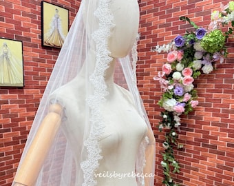 Slim Alencon Lace Cathedral Wedding Veil V812: Soft Tulle Spanish Mantilla